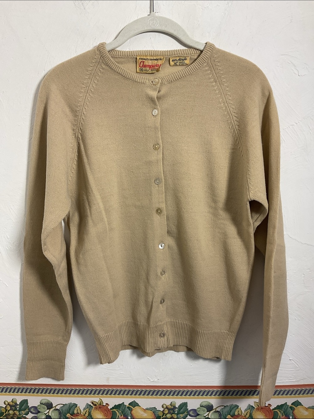 Vintage Champions Knitwear Tan Acrylic Button Cardigan Sweater Size 36 XS S